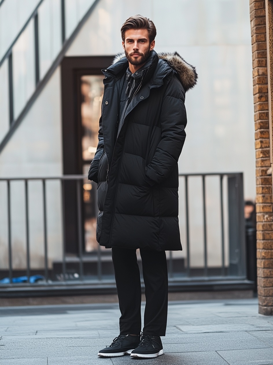 long black puffer coat for elegant men