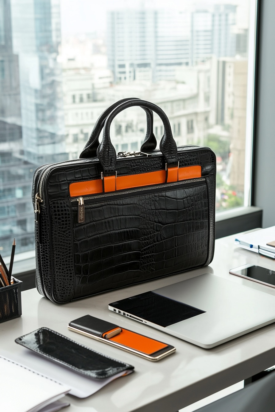 black leather crocodile embossed briefcase