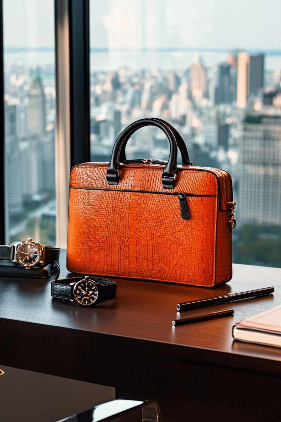 orange leather briefcase with watches
