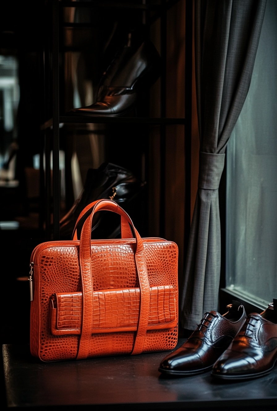 orange leather crocodile embossed briefcase with shoes