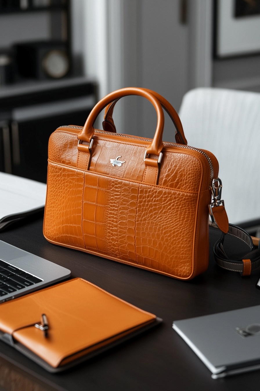 orange leather crocodile embossed briefcase