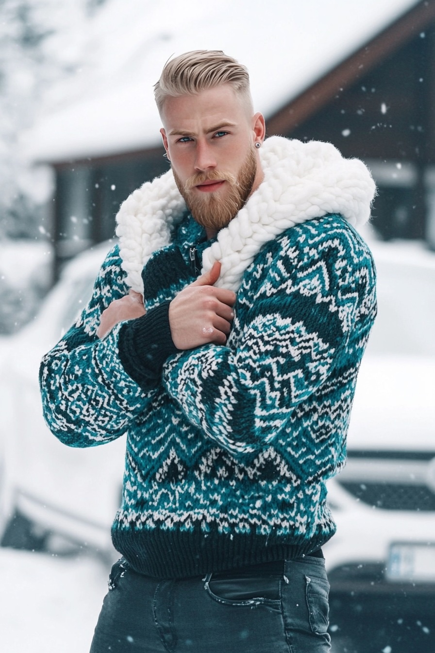 warm knitted sweater with hood for outdoors