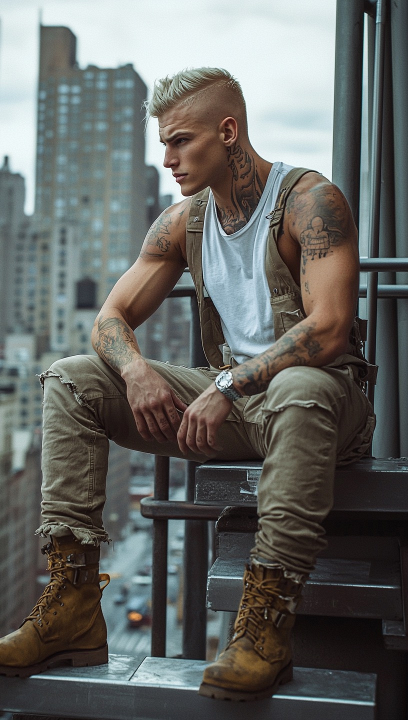 grey cargo pants brown boots white tank top