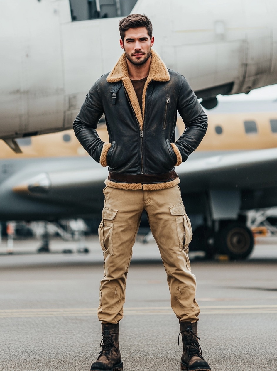 sand cargo pants bomber jacket boots