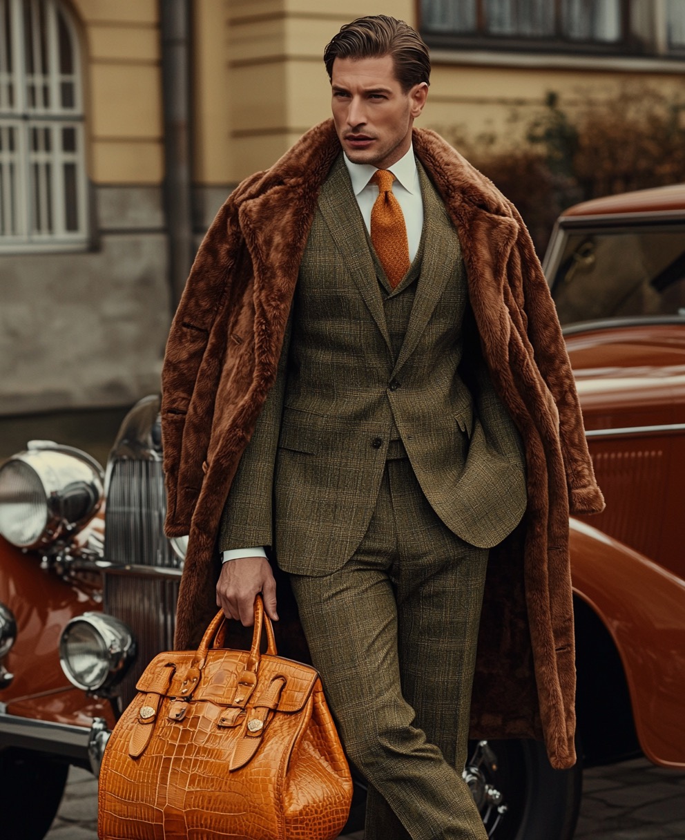 aristocratic style with brown fur coat