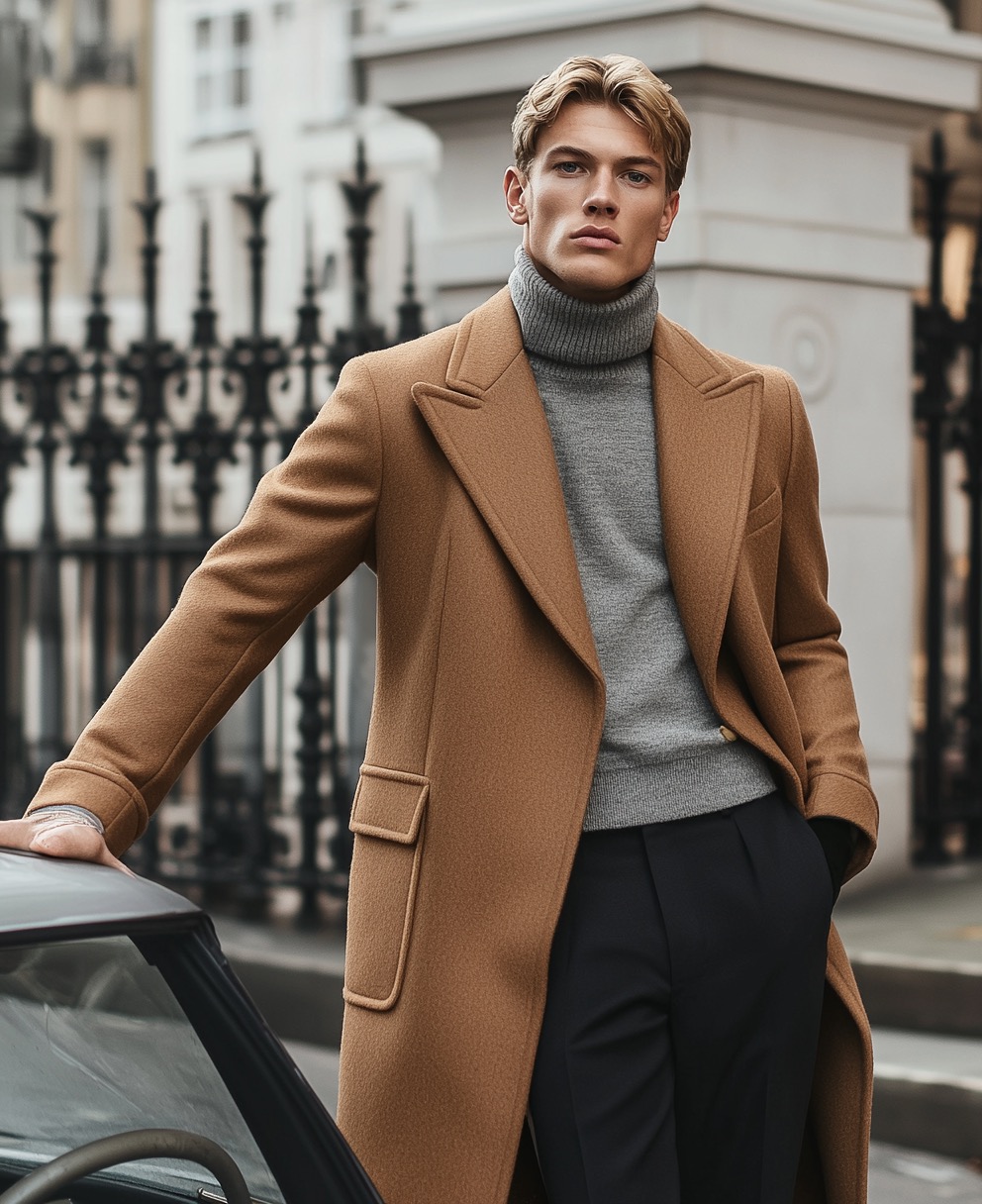 noble style beige wool coat turtleneck