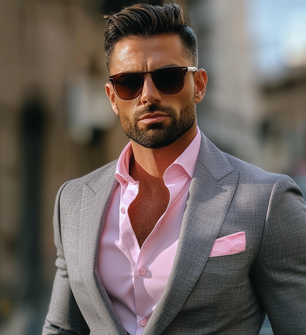 bold elegant grey jacket pink shirt