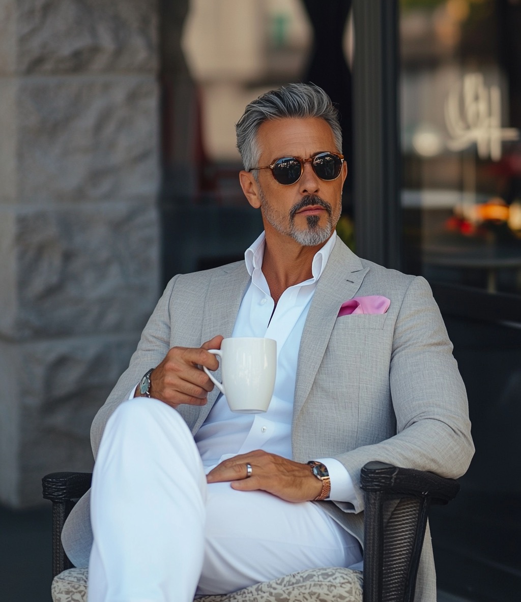 casual grey jacket white pants