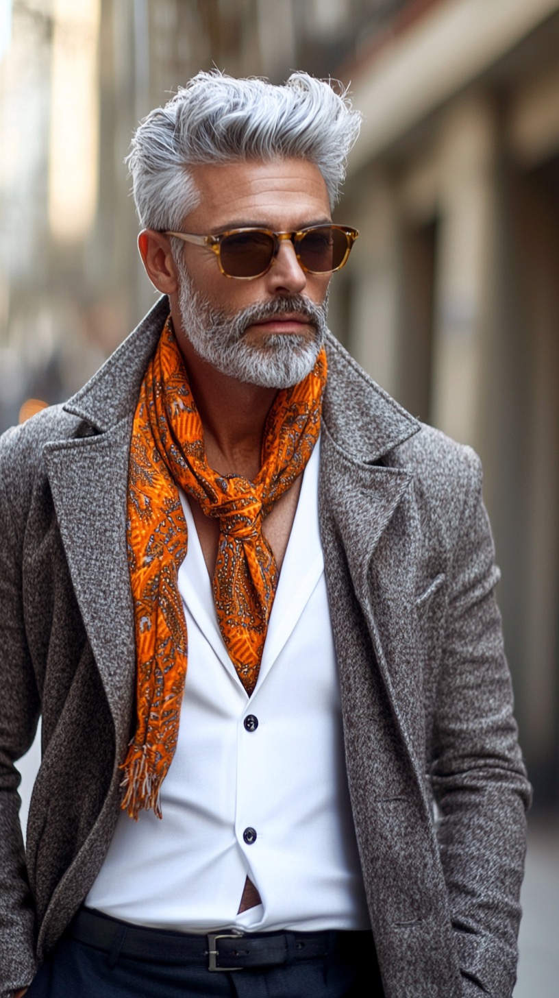 fashionable grey suit white shirt orange scarf