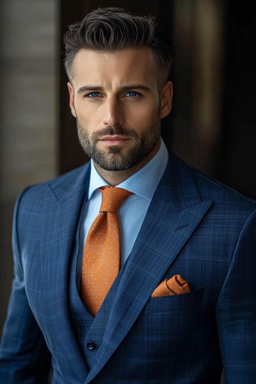 orange tie with blue tailored suit