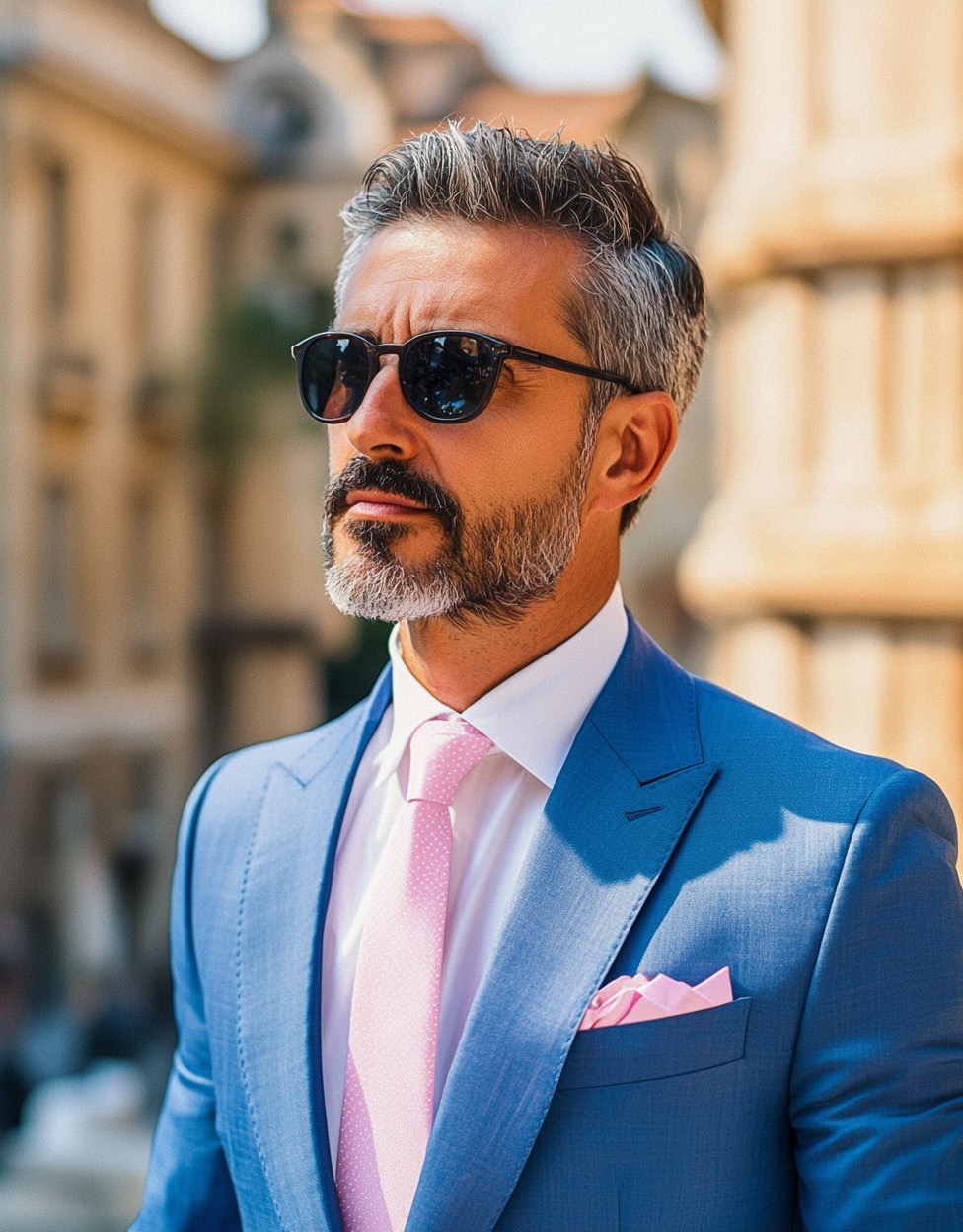 pink tie with blue tailored look