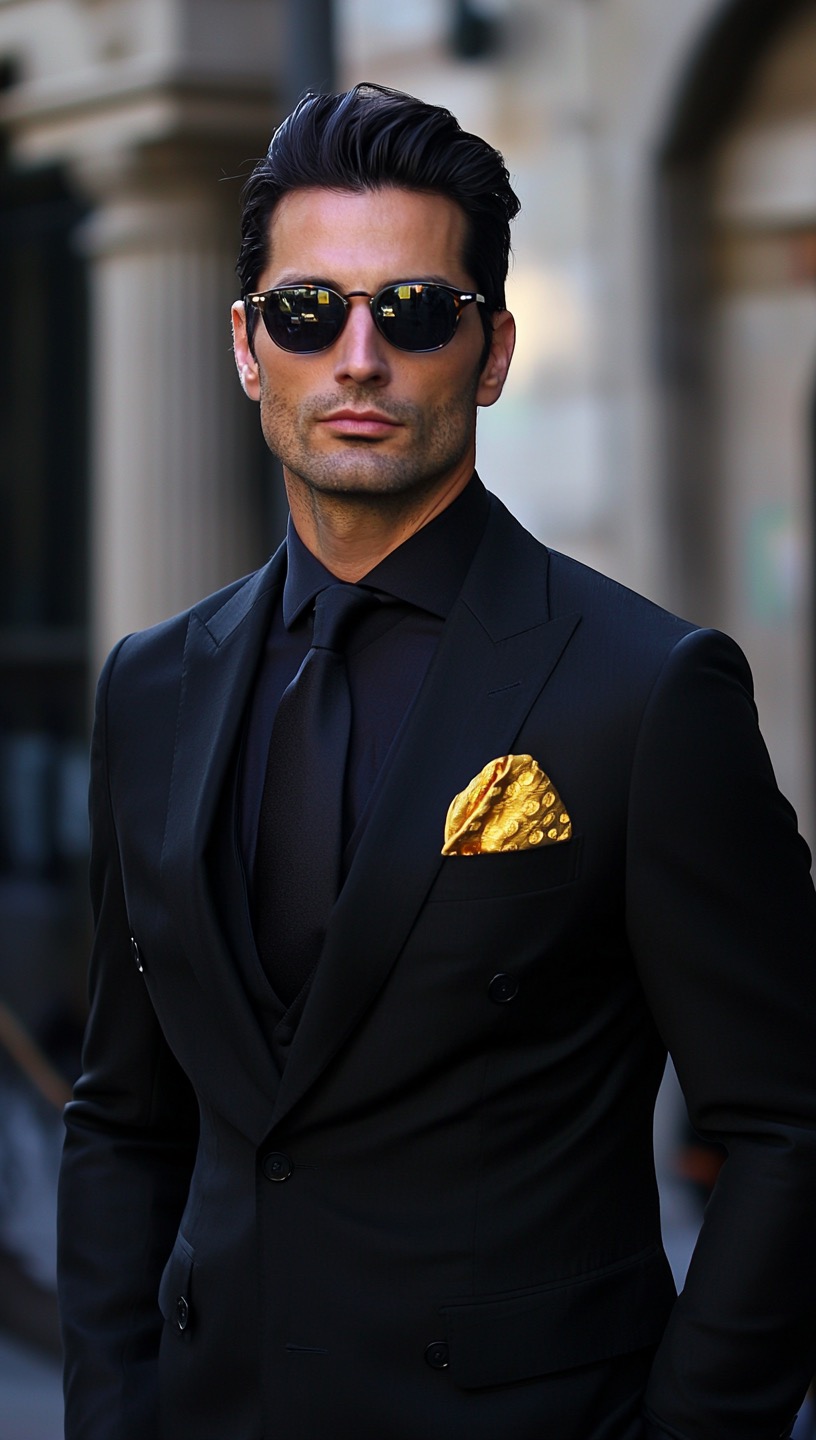 black suit black shirt yellow square pocket