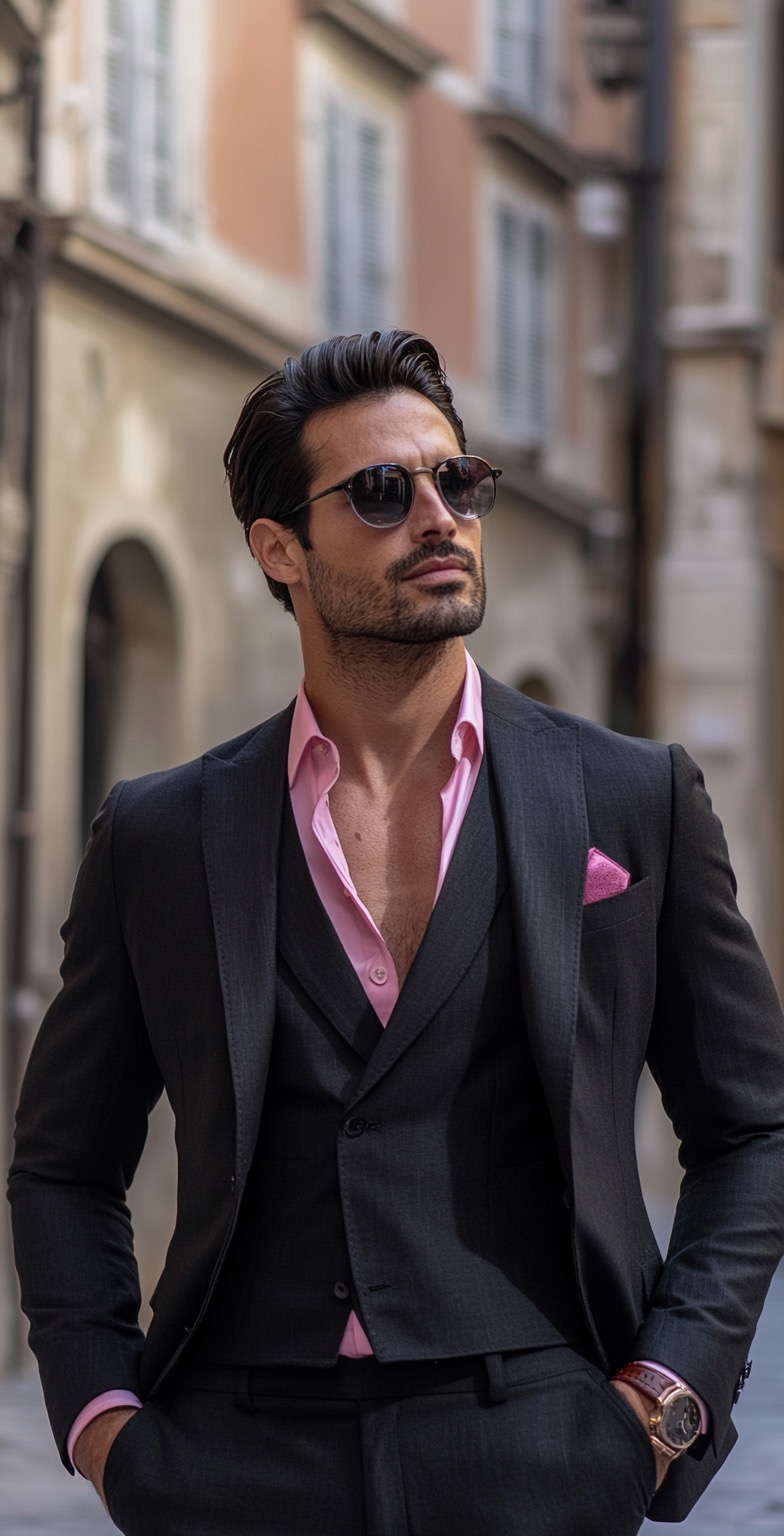 black suit pink shirt and square pocket
