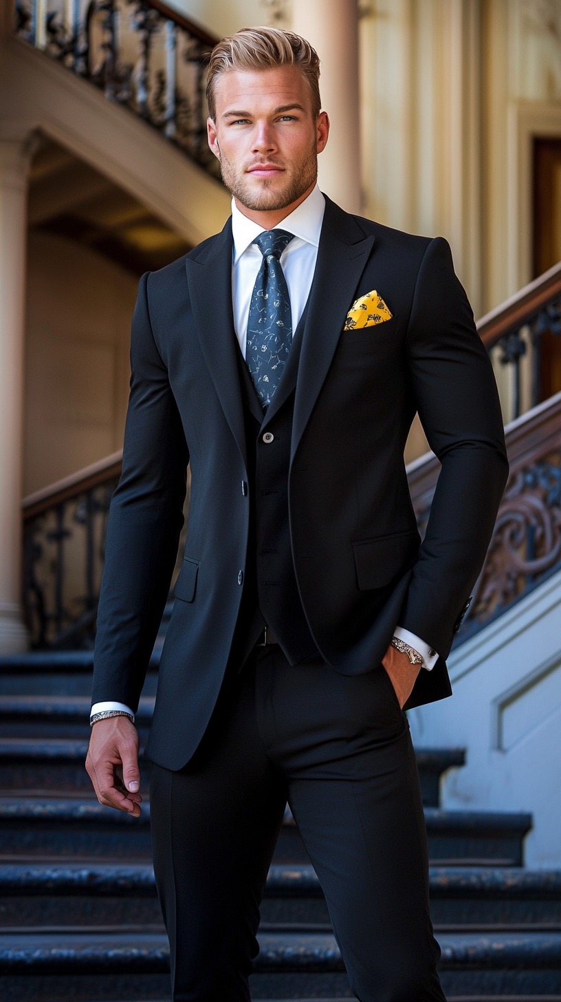 black suit white shirt blue tie