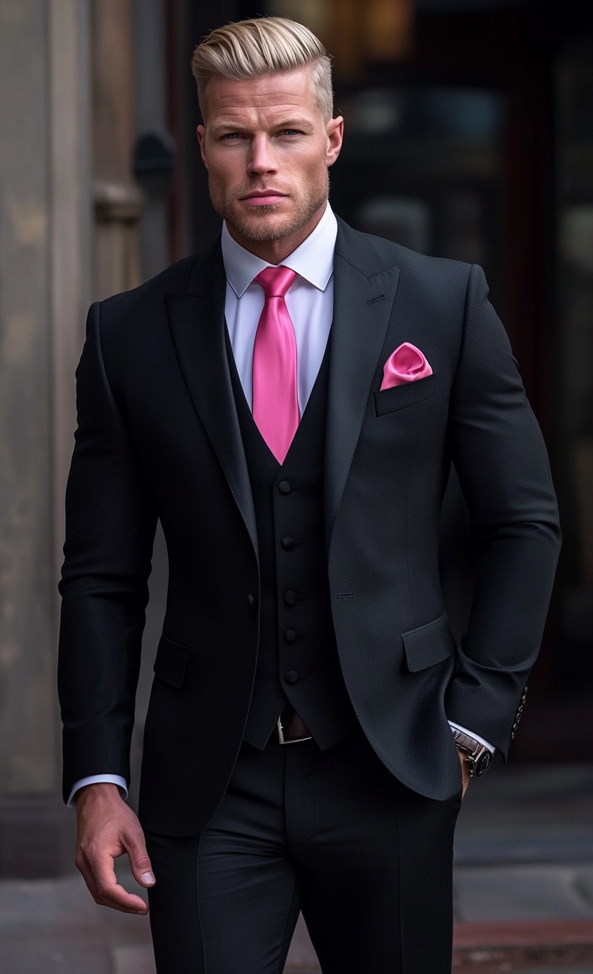 black suite with white shirt pink tie