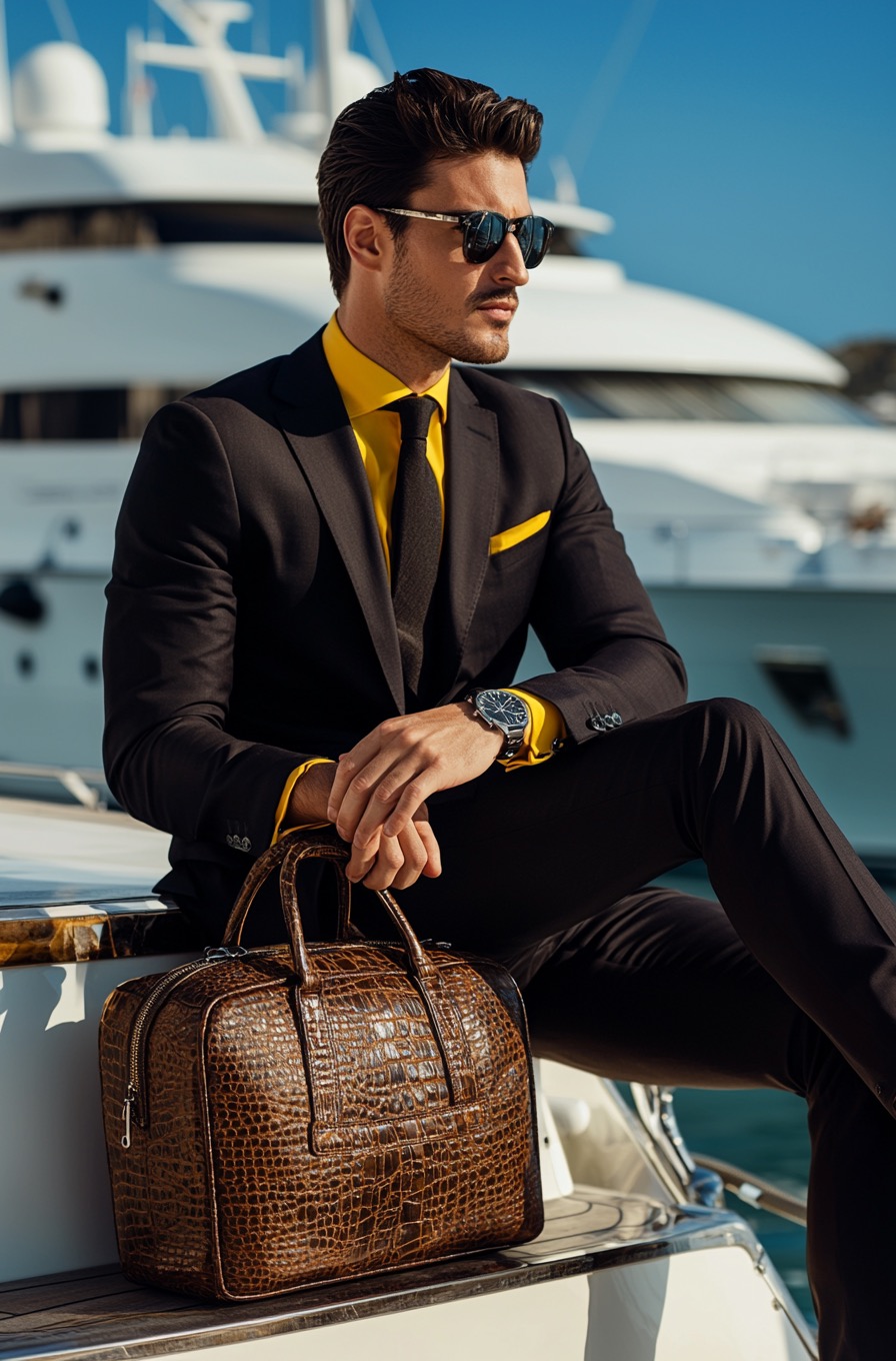 black suite yellow shirt and pocket square