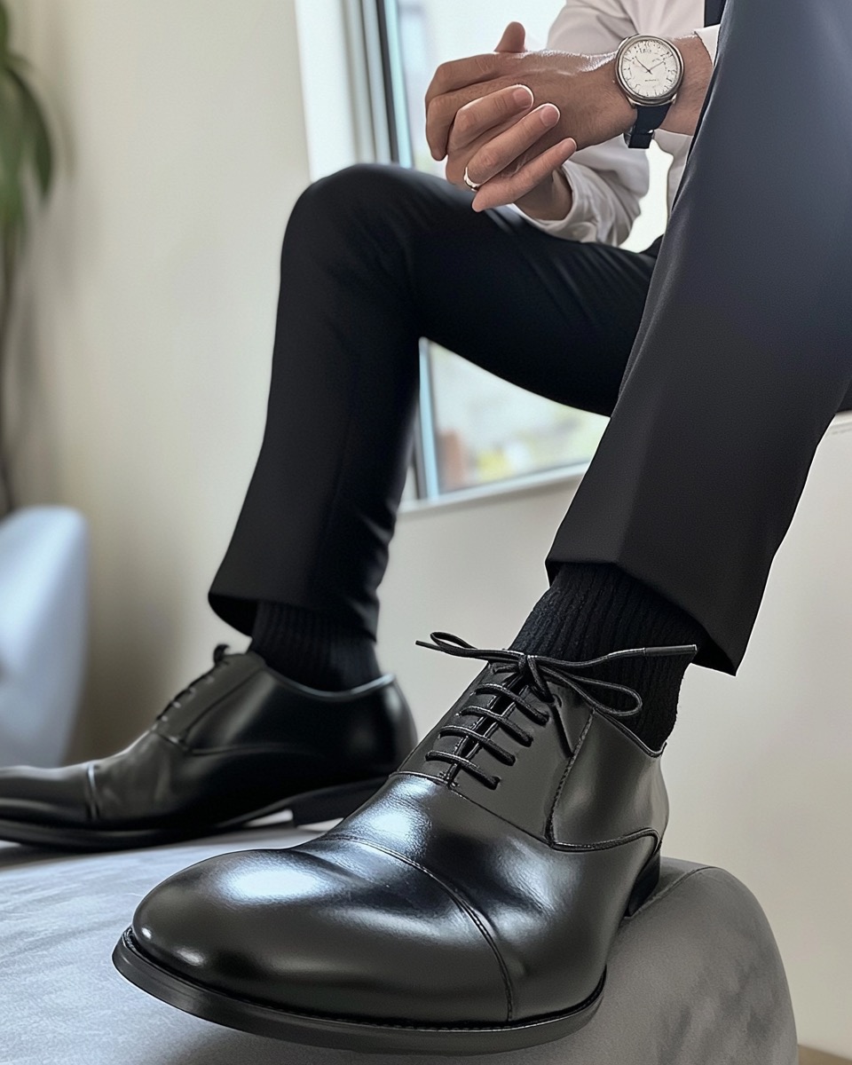 casual look with black leather shoes