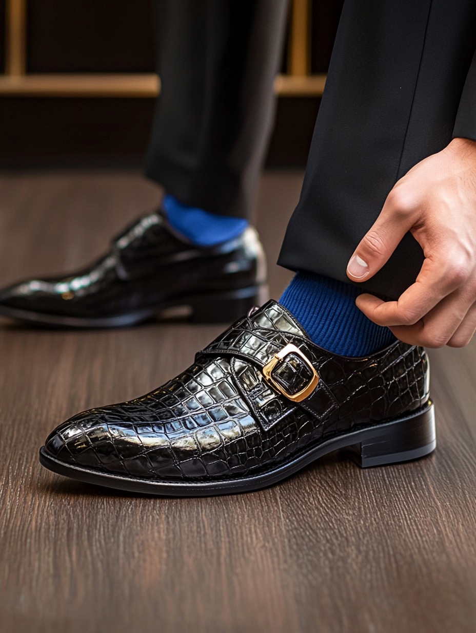 black crocodile shoes with blue socks