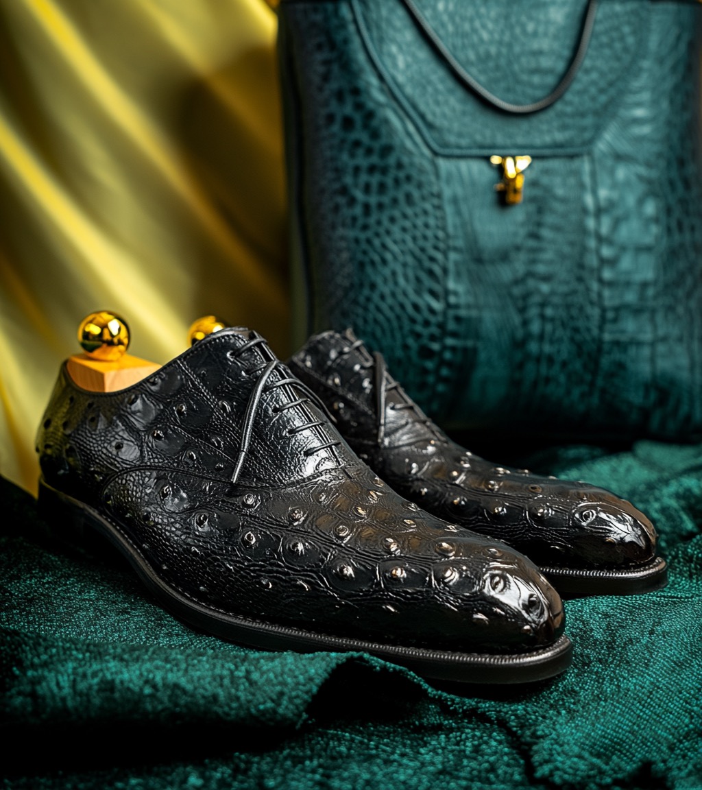black crocodile shoes with green fabric