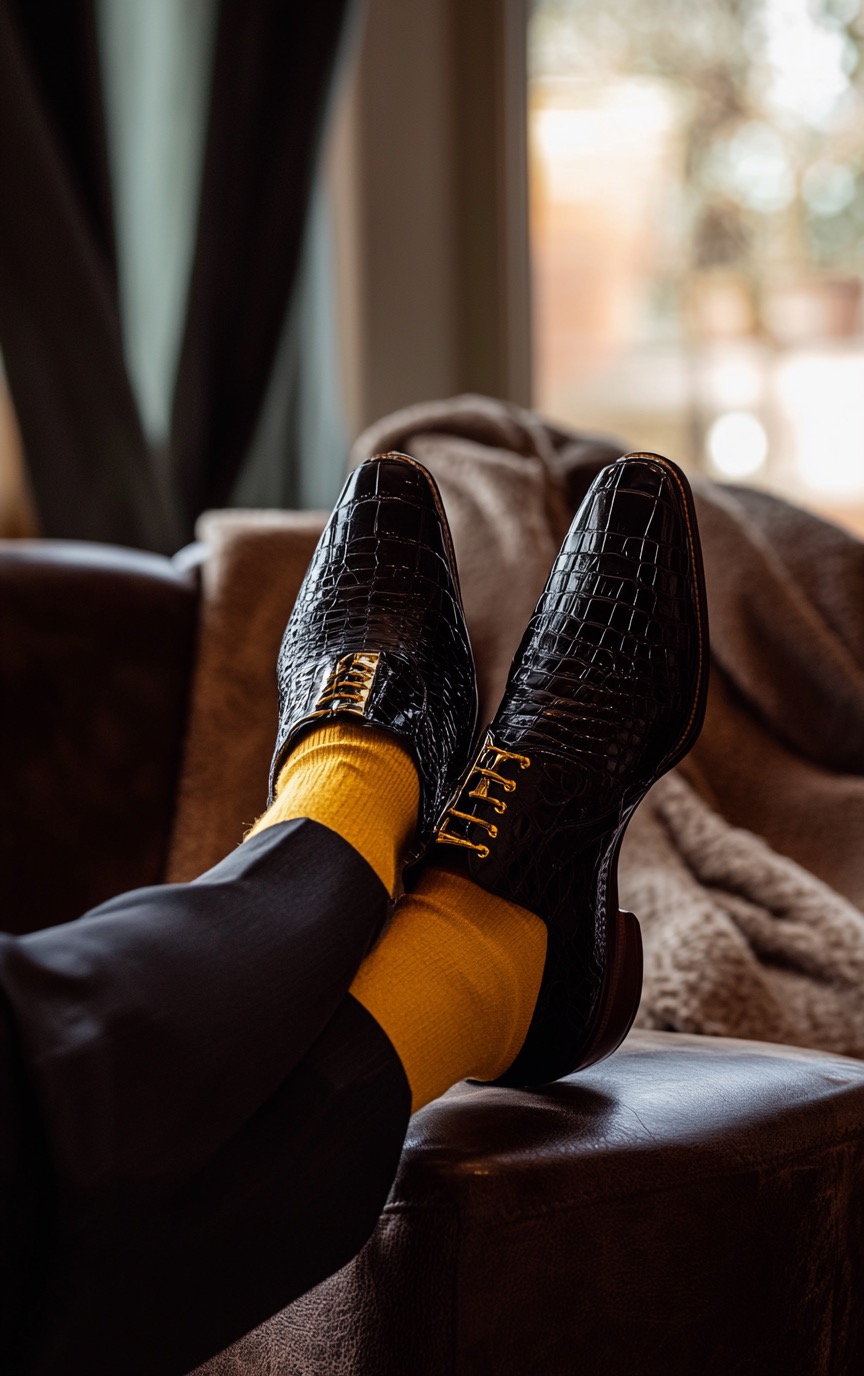 black crocodile shoes with orange socks