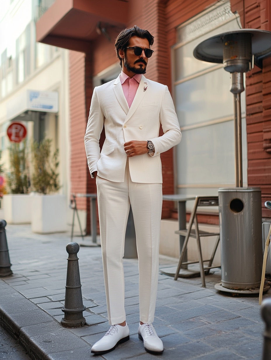 white suit with pink shirt for walk