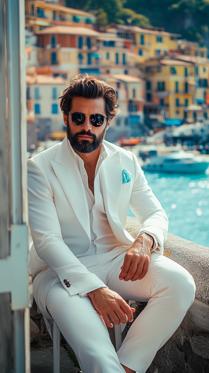 white suit with white shirt for vacation