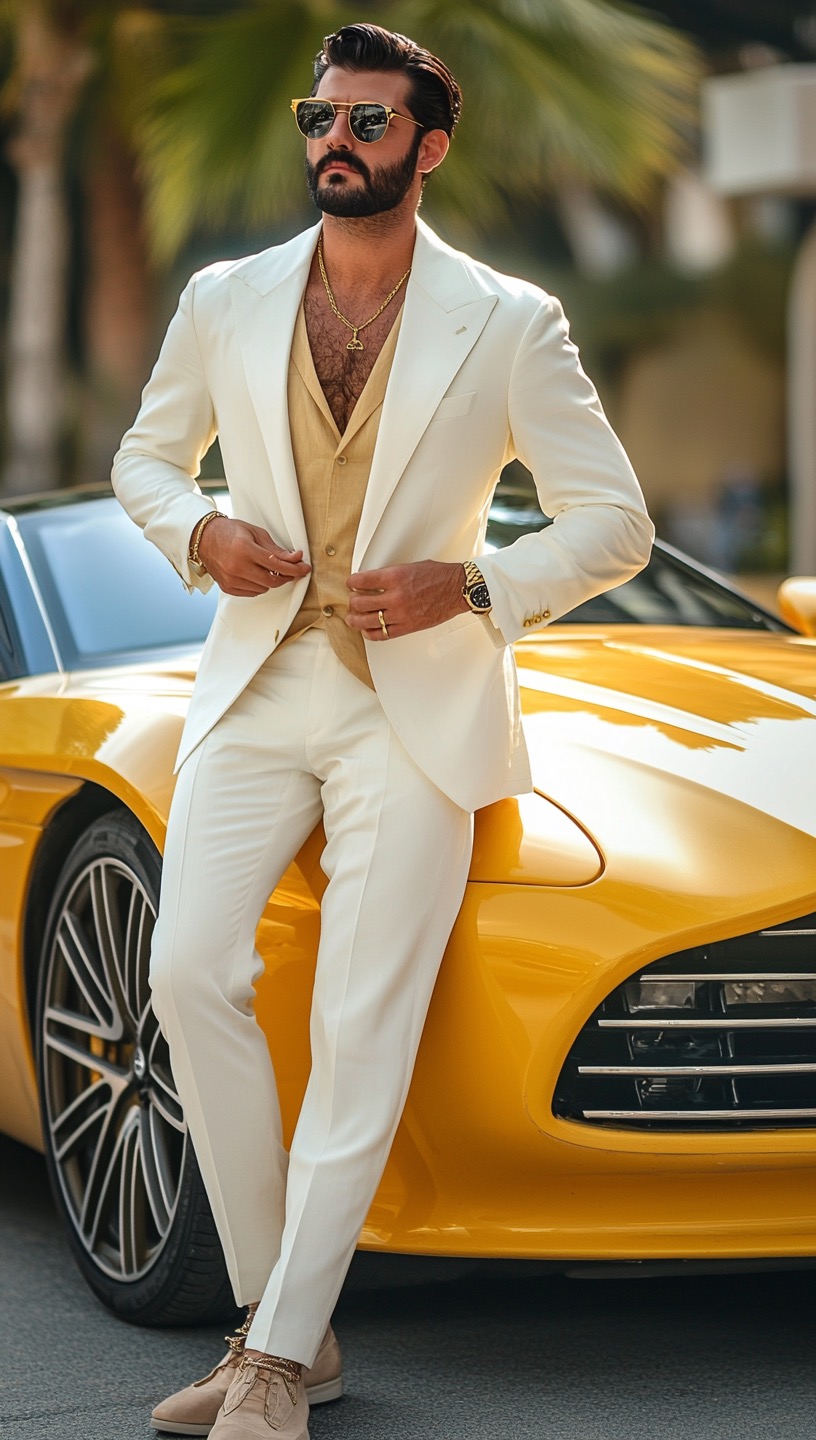 white suit with yellow vest