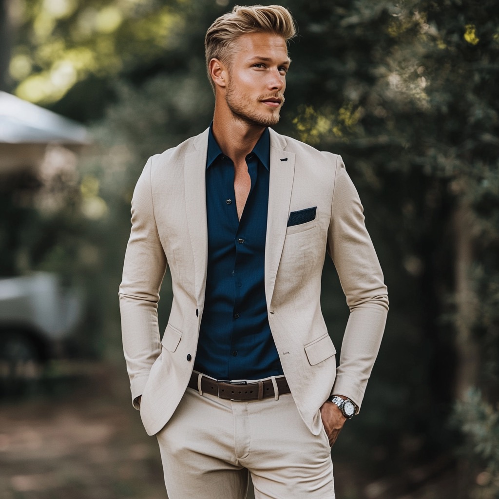 beige linen suit with navy shirt