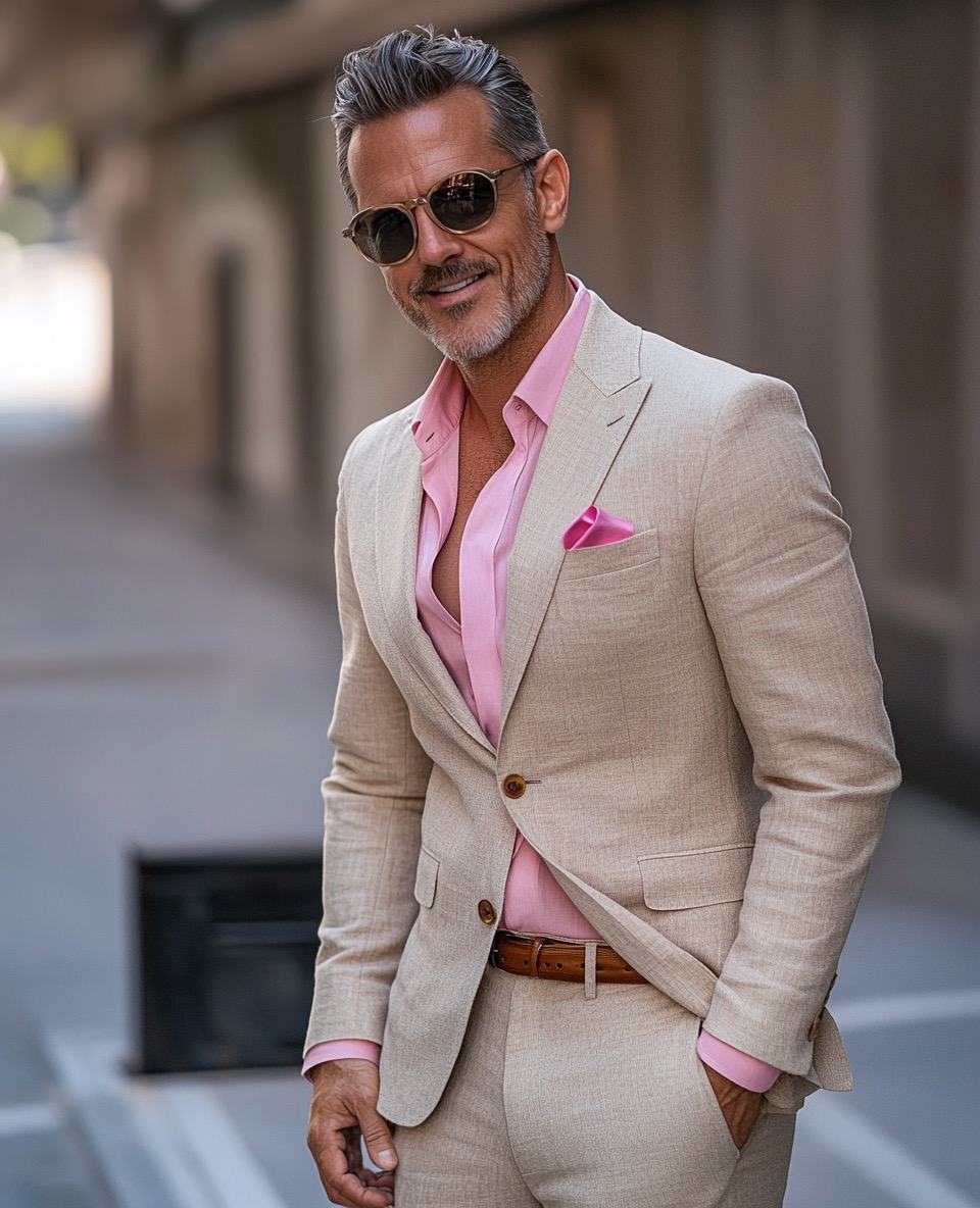 beige linen suit with pink shirt