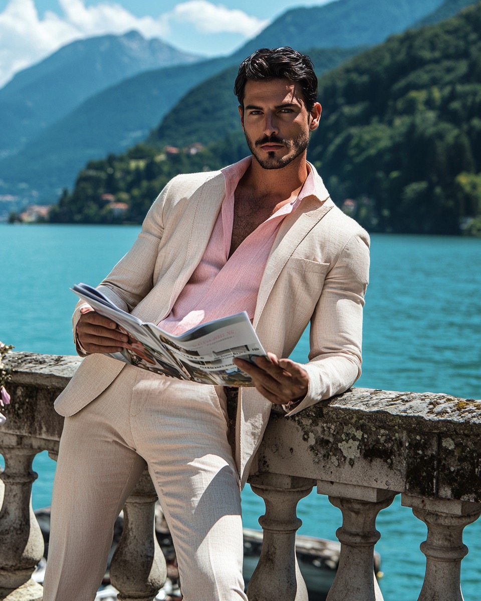 beige linen suit with red shirt