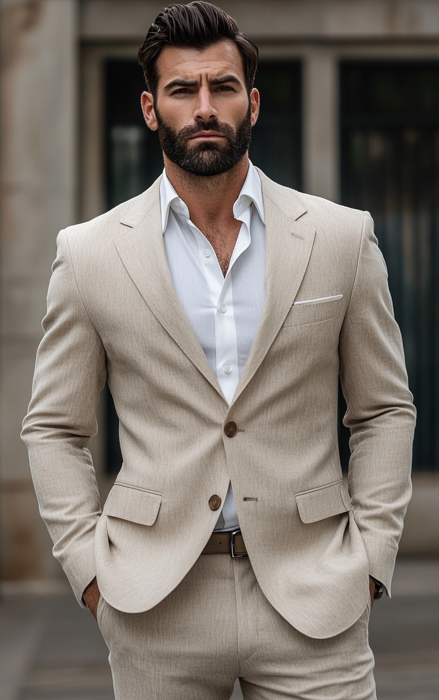 beige linen suit with white shirt