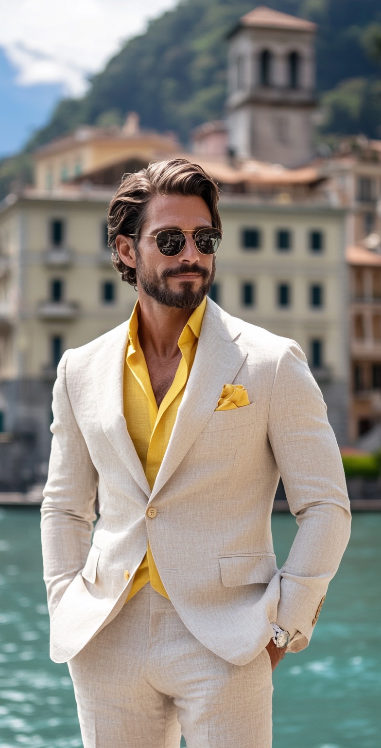 beige linen suit with yellow shirt