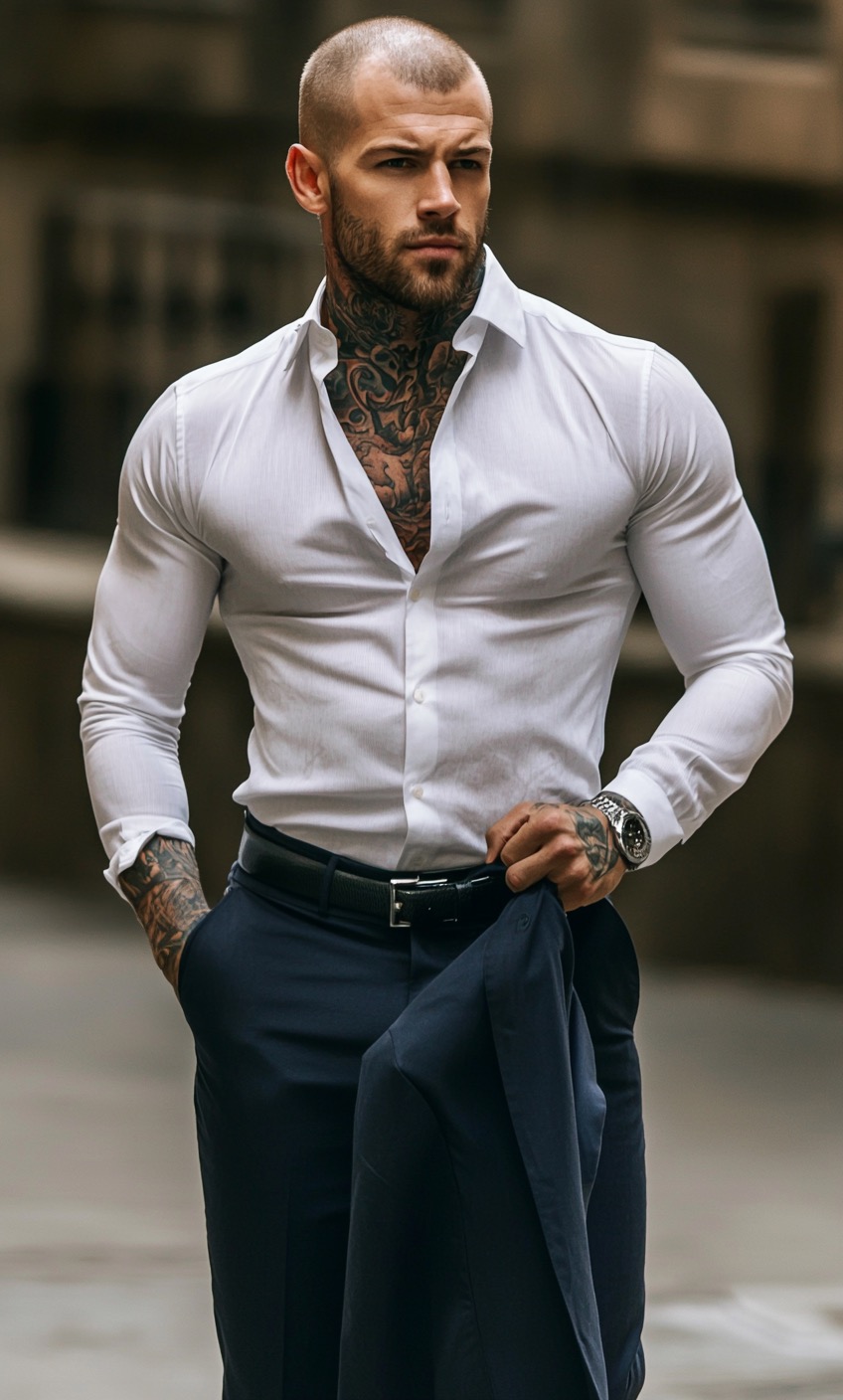 white shirt navy trousers