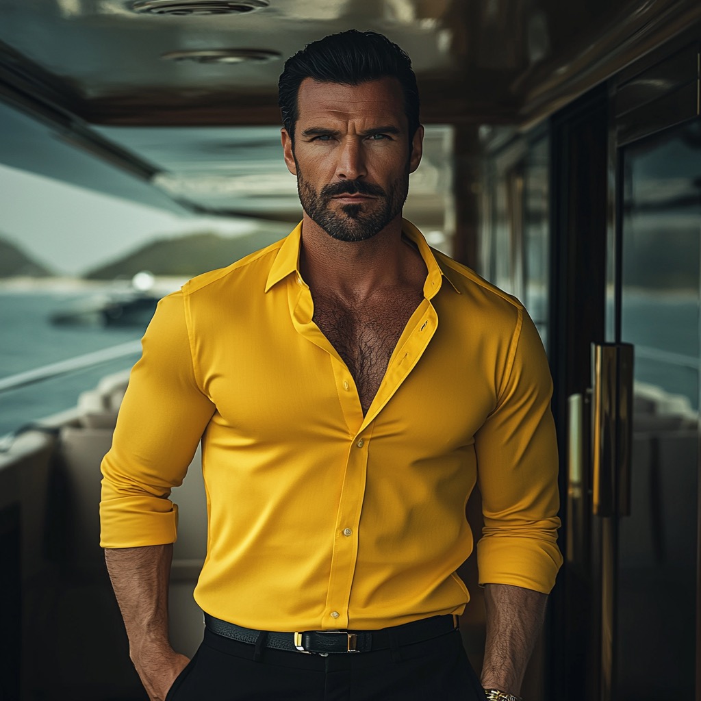 yellow shirt with black pants