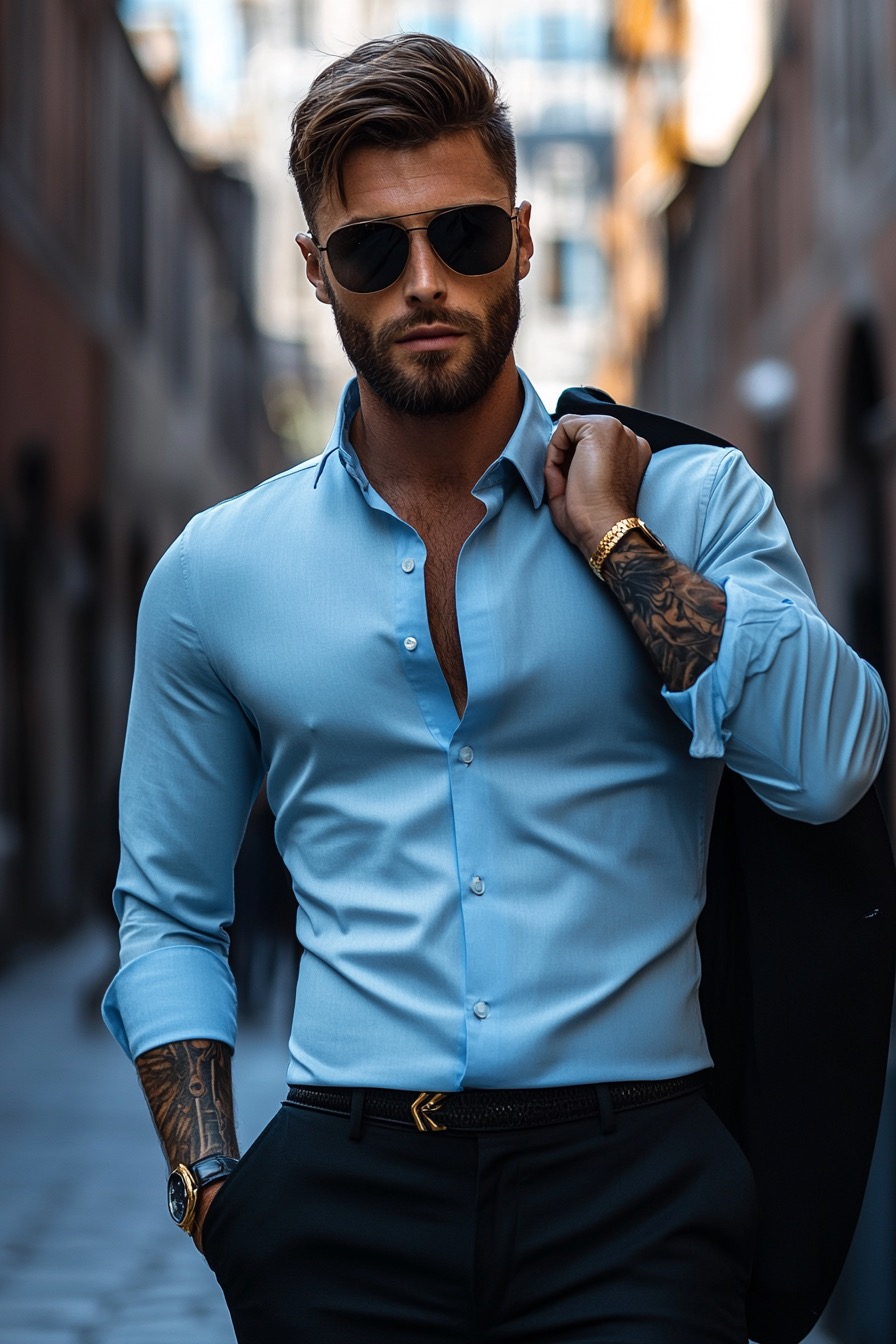 blue shirt with navy trousers
