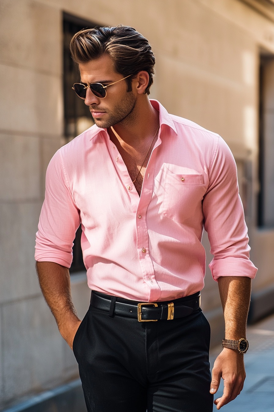 pink shirt with black trousers
