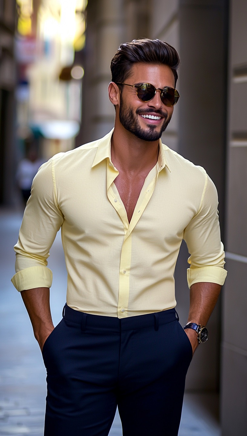 yellow shirt with blue pants
