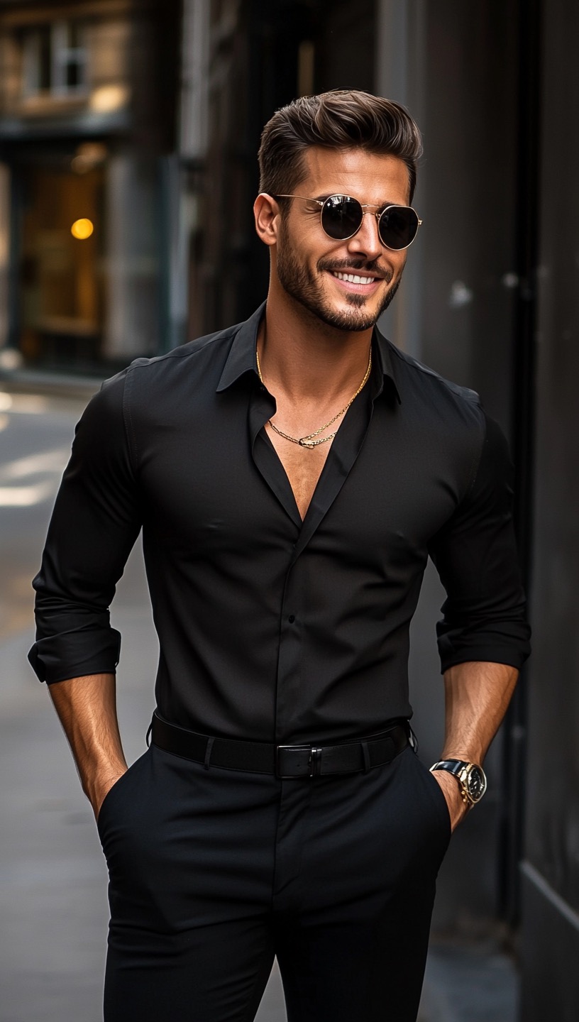 black shirt with black trousers