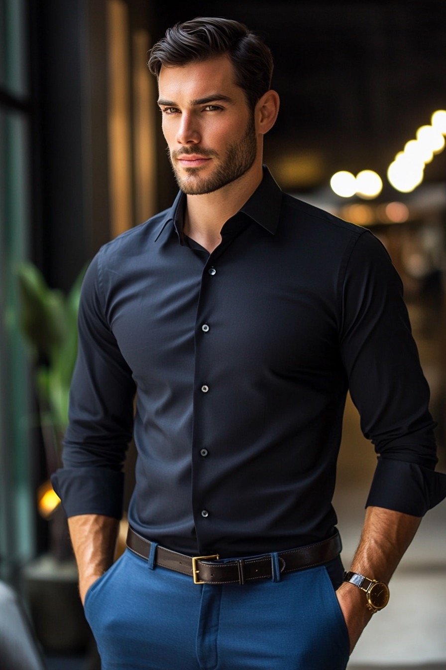 black shirt with blue trousers