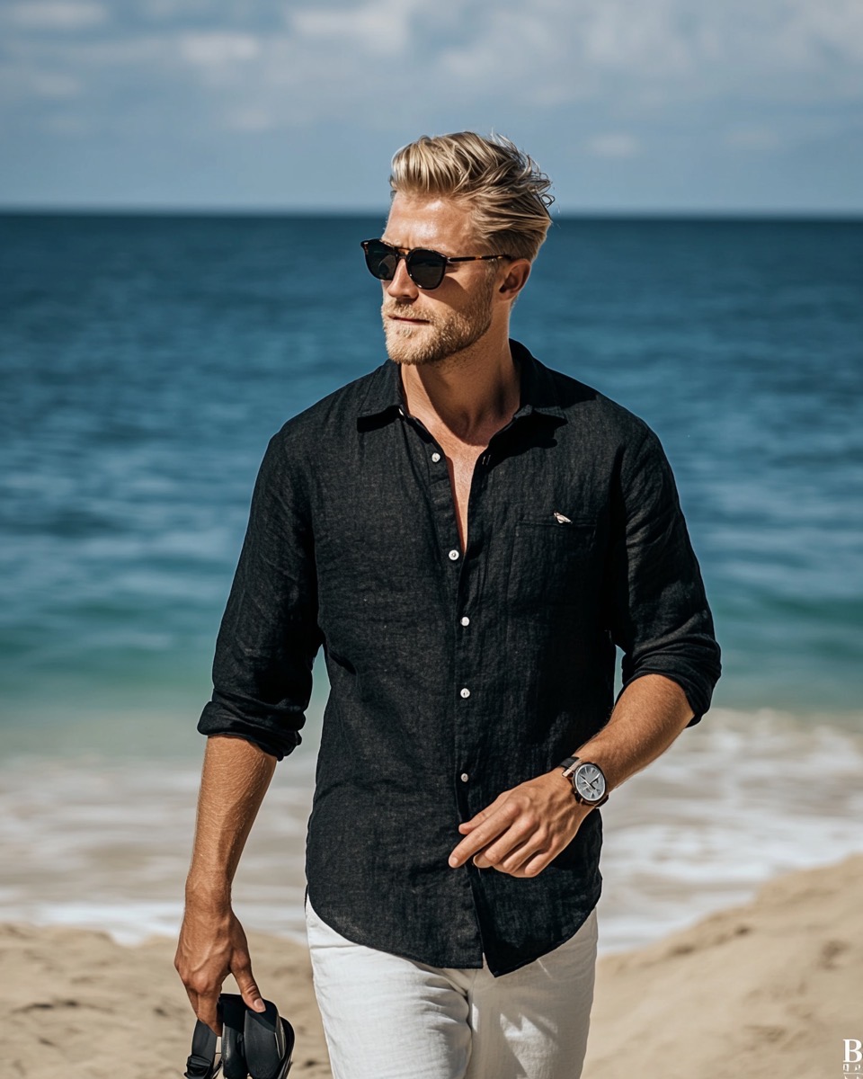 black shirt and beige pants