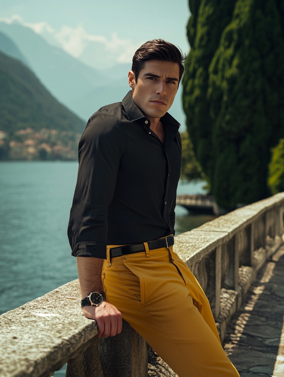 black shirt and brown pants