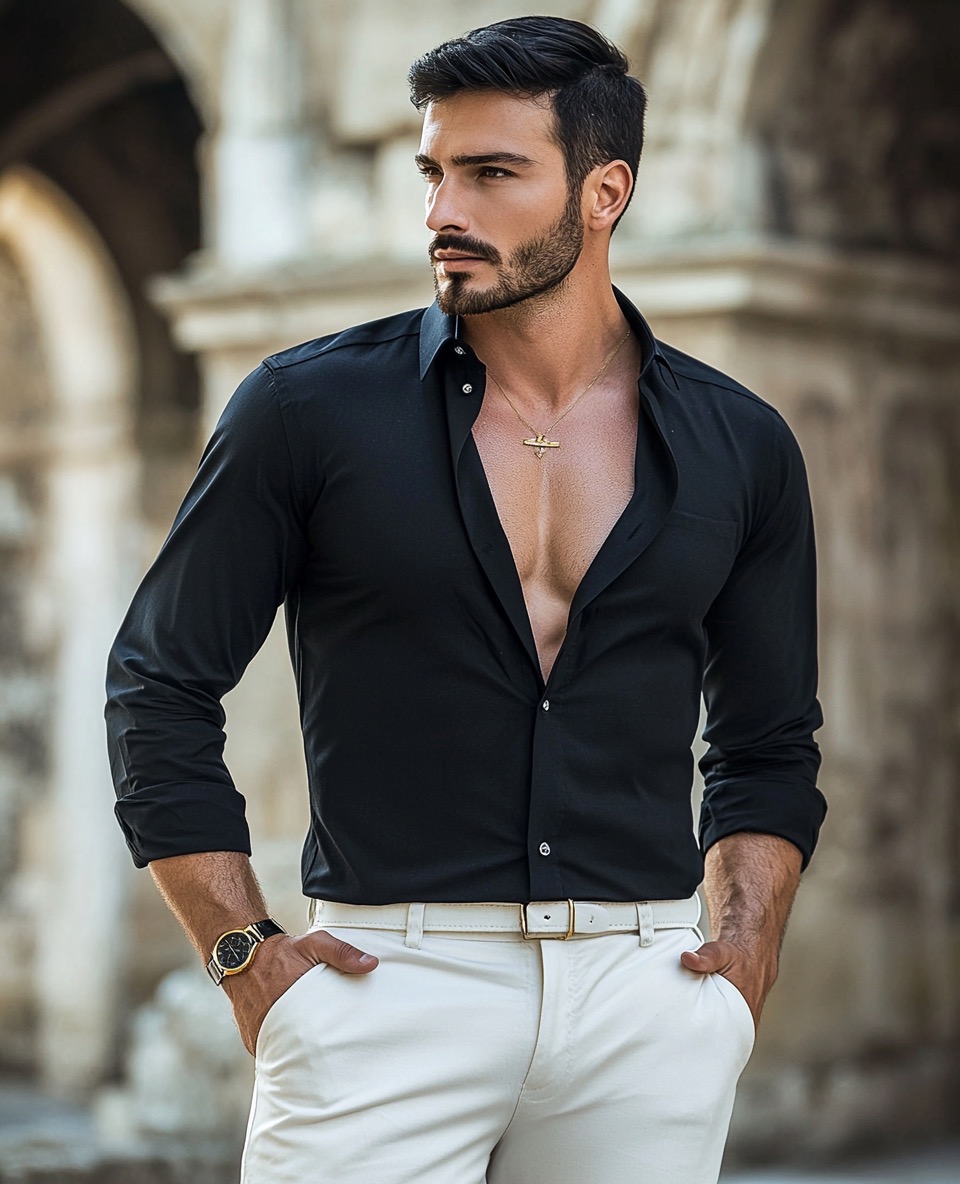 black shirt and white pants