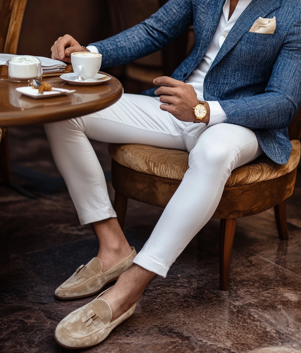 beige suede loafers with white anf blue outfit