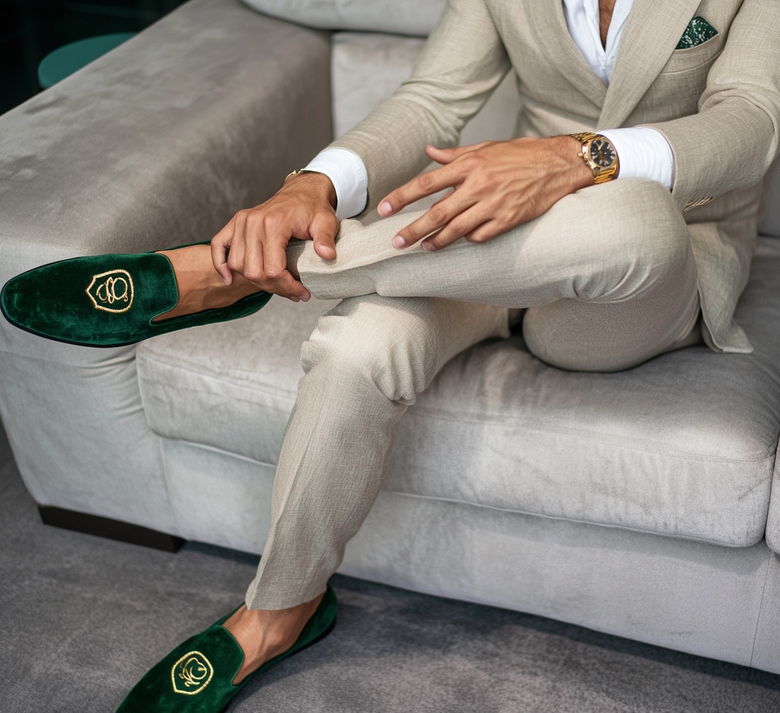 green suede loafers with beige suit
