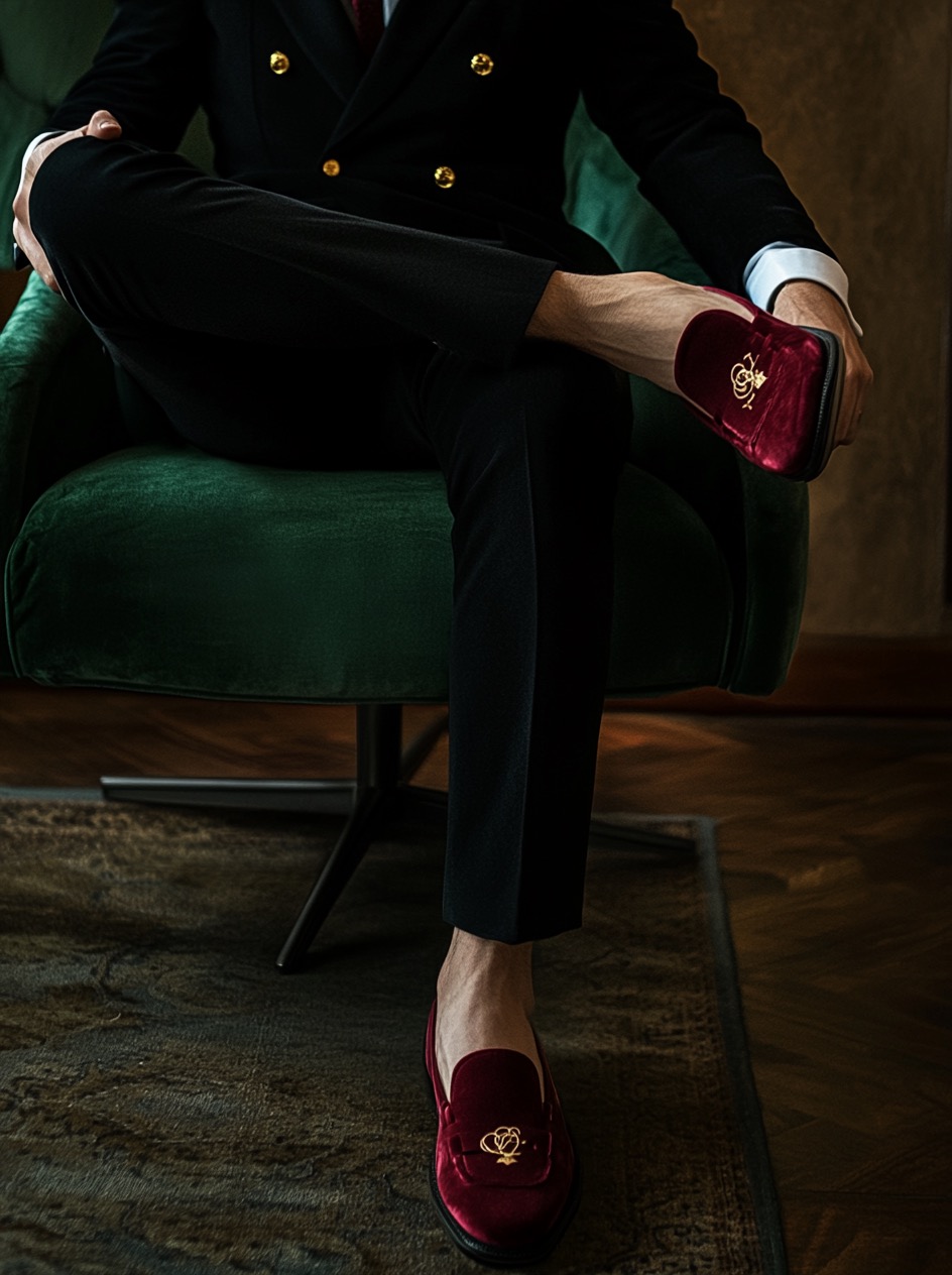 red suede loafers with green suit
