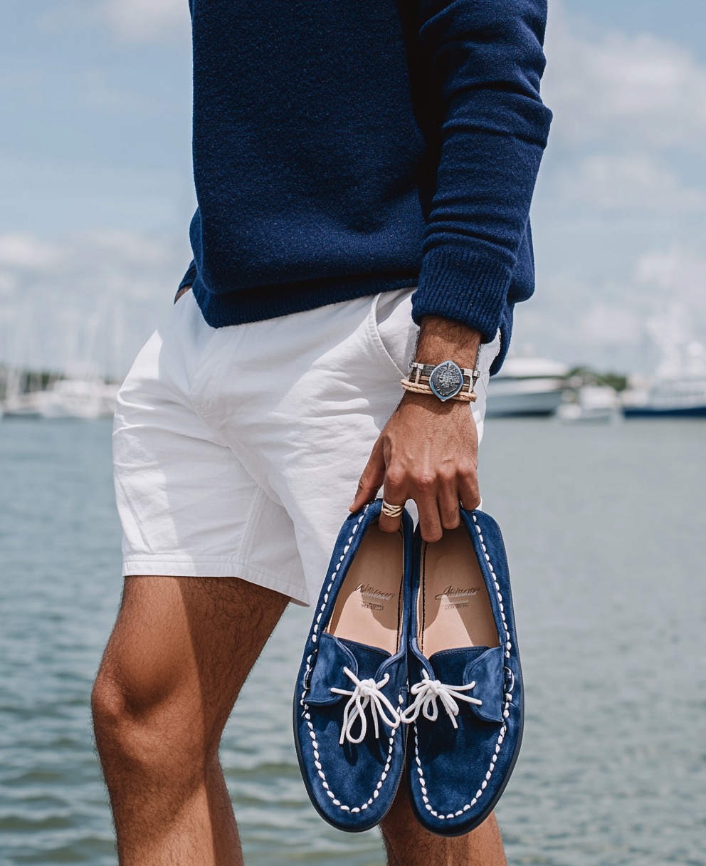 blue suede loafers for beach walks