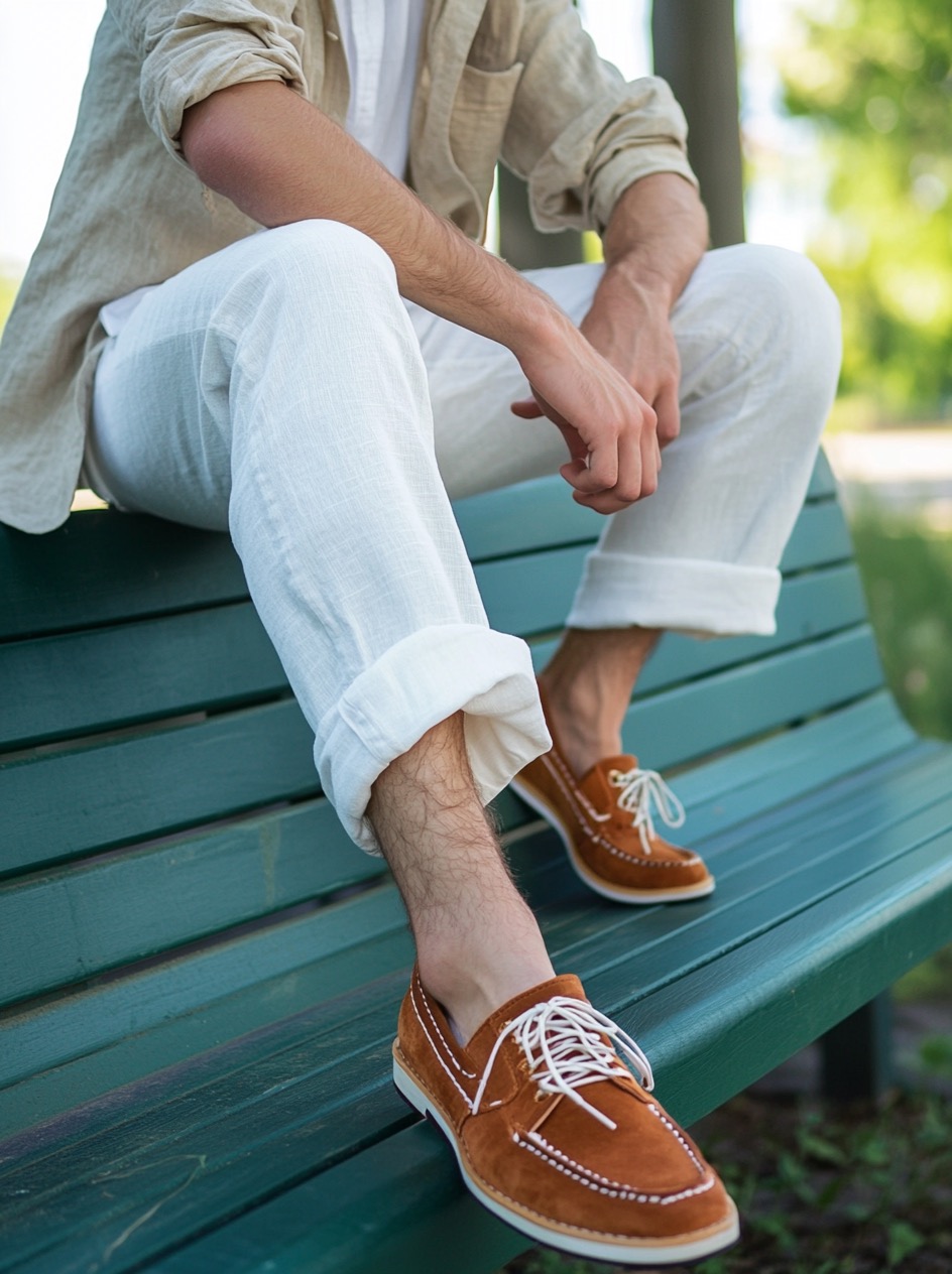 terracotta suede loafers with linen clothing
