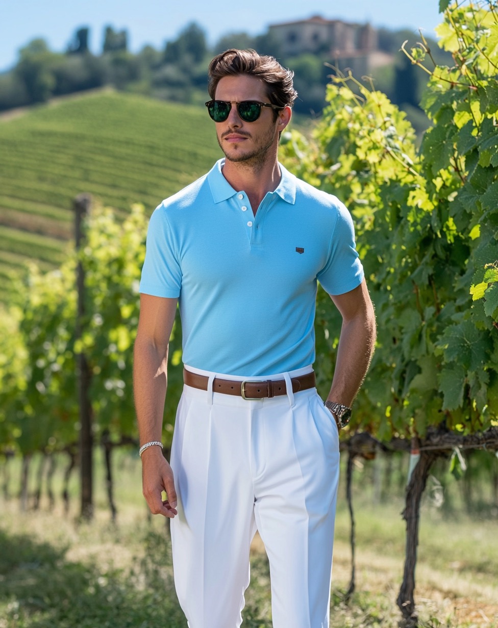 Blue Polo Shirt with White Trousers