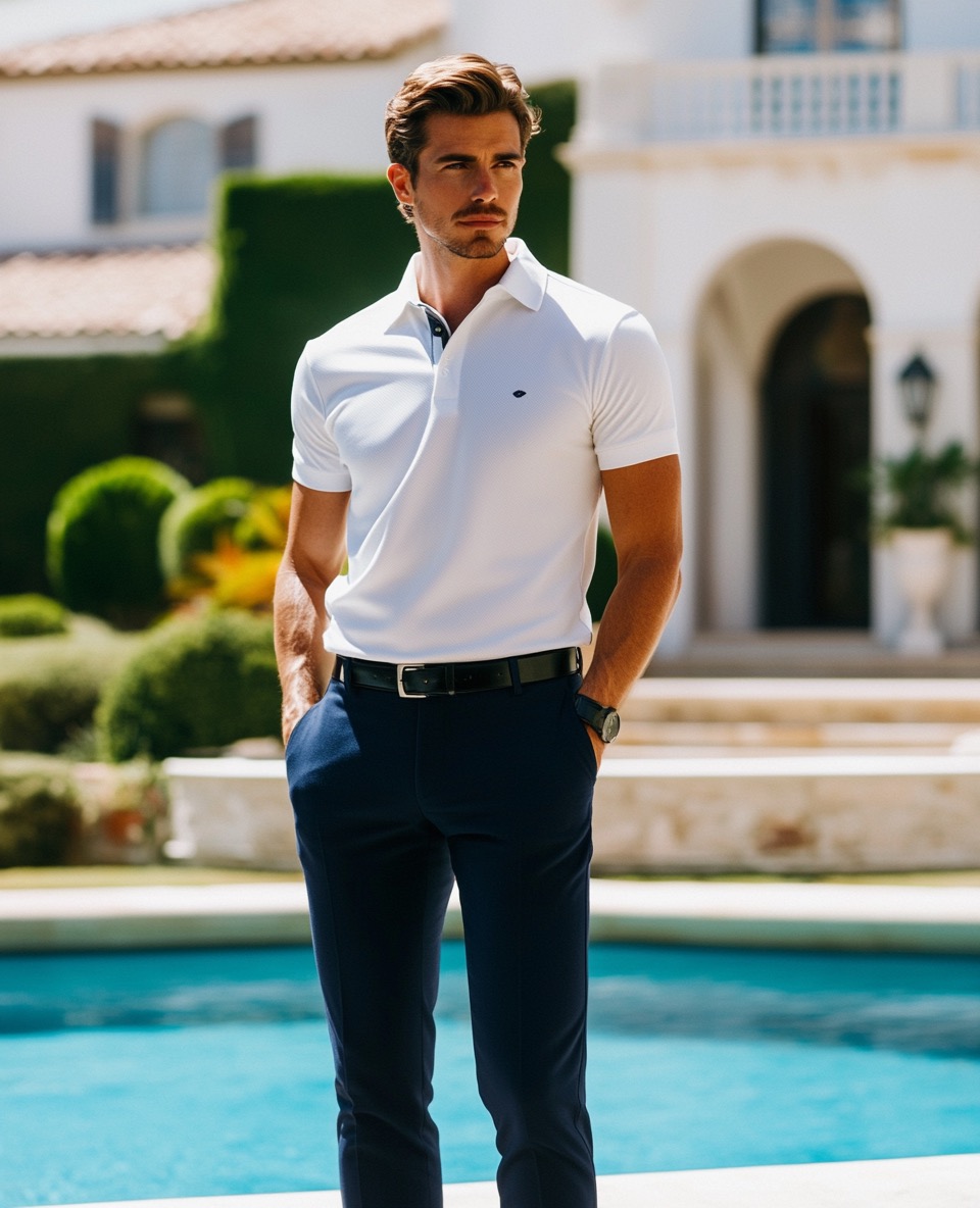 White Polo Shirt with Blue Trousers