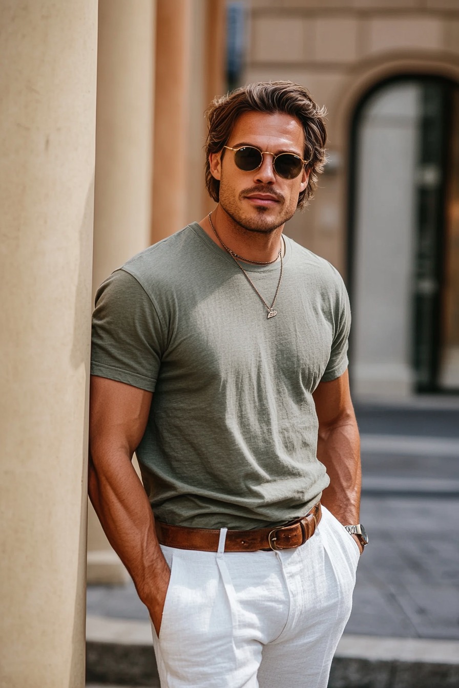 Gray T Shirt with White Linen Pants